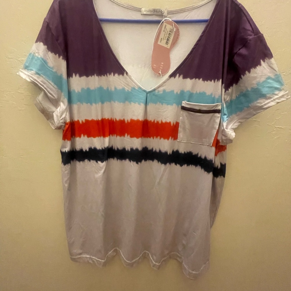 Pink Rose V-Neck Top with Purple and Multicolor Stripes